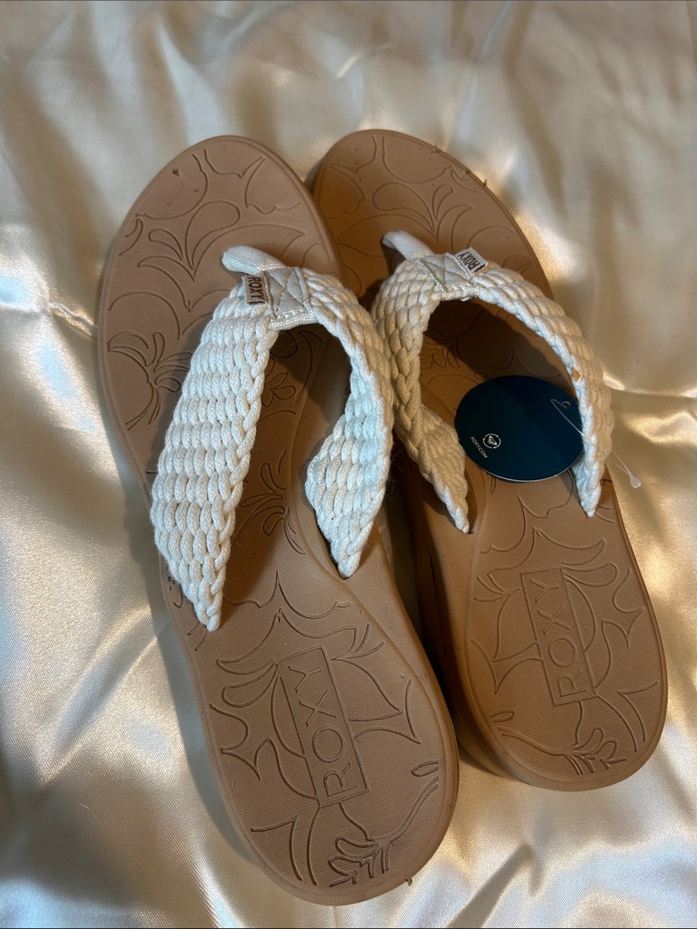 Roxy Women's Cream Braided Thong Sandals with Tan Footbed